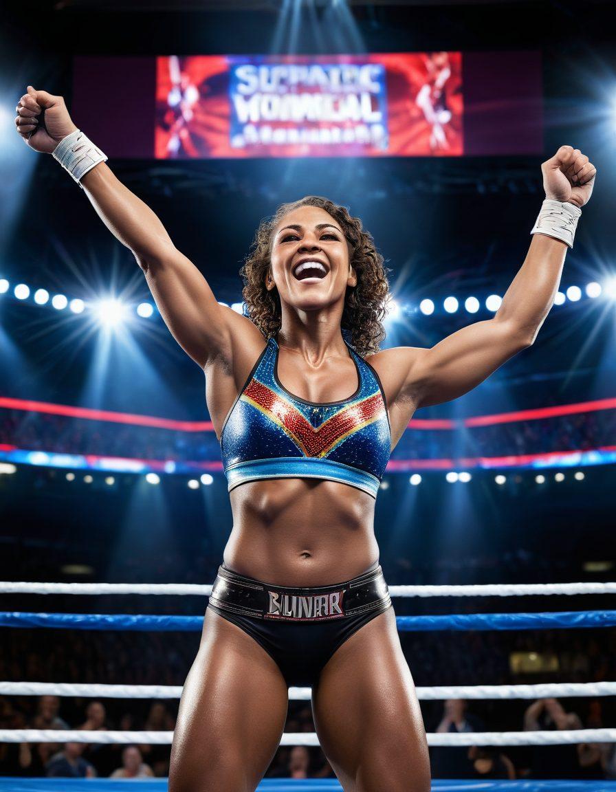 A dynamic scene capturing a female wrestler in the spotlight posing triumphantly on a wrestling mat, surrounded by cheering fans. The colors should be vibrant, reflecting the energy and empowerment of women in wrestling culture. Include details like championship belts, colorful ring ropes, and a backdrop of banners celebrating women athletes. super-realistic. vibrant colors.